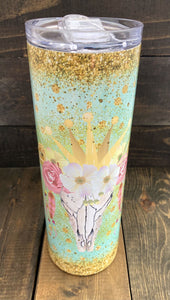 Floral Cow Skull 20 oz Duo Lid Skinny Tumbler - Willowisp Apothecary 
